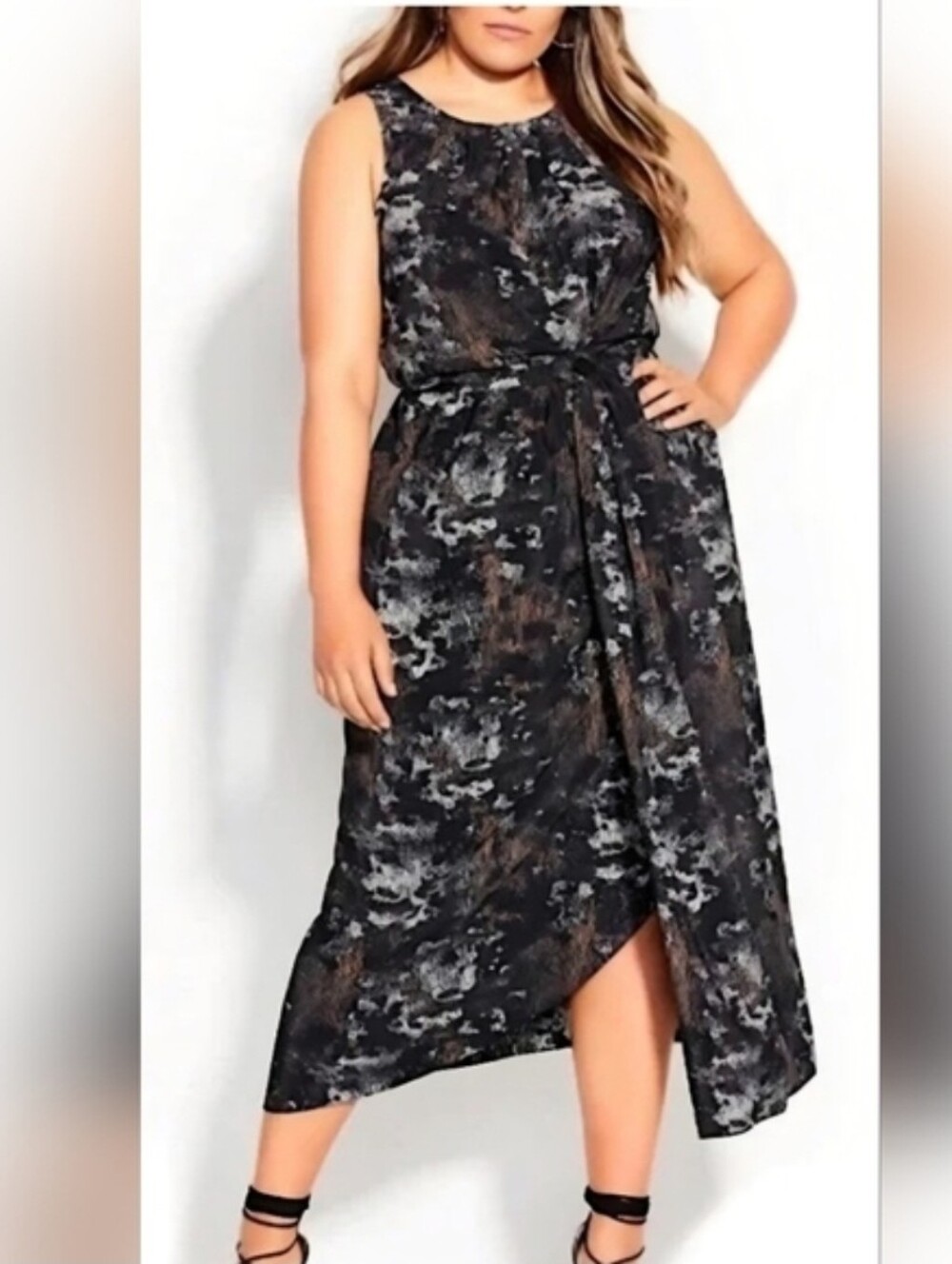 City Chic Sleeveless Black Patterned Knotted-Front Maxi-Length Wrap Dress.